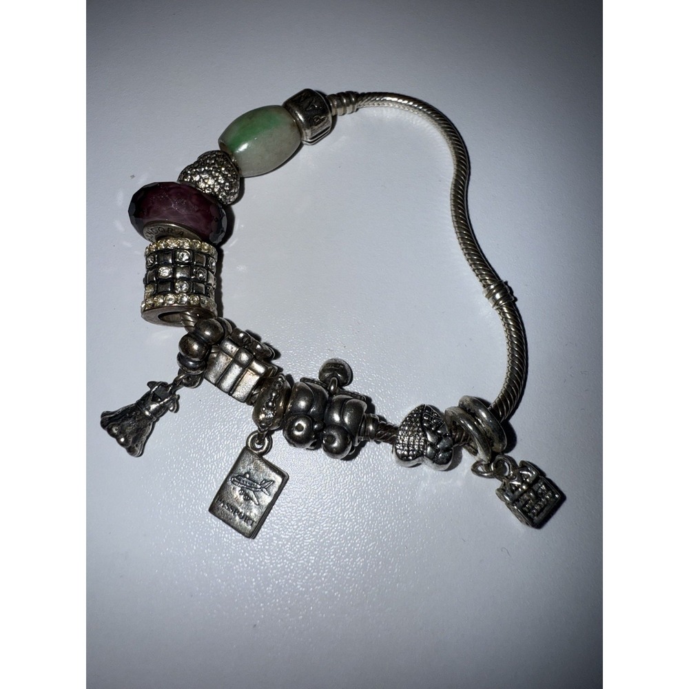 Pandora Bracelet with 10 charms Sterling Silver Passport Dress‎ Heart  Gift 8"